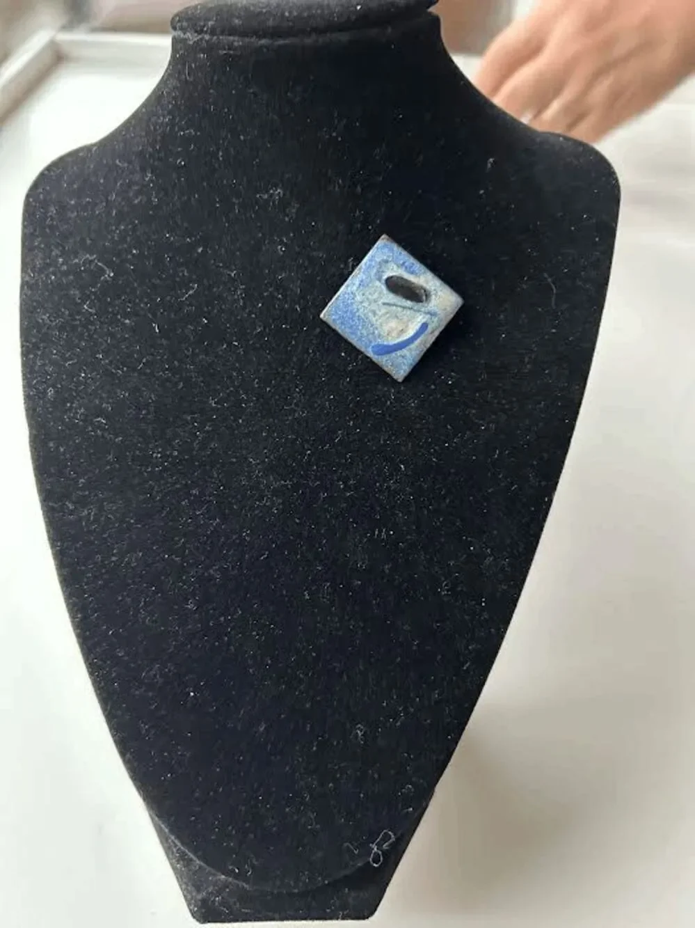 Vintage 90s Modernist Blue & White Enameled Copper Pin - Abstract Design